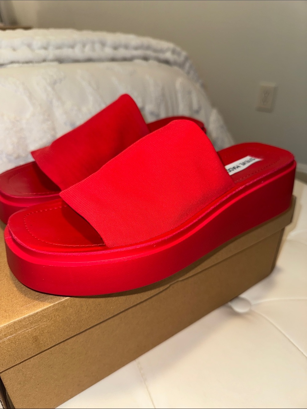 Steve Madden Bright Red Platform Slip-On Stretchy Slides